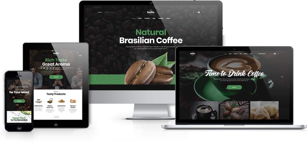 Website showcasing natural Brazilian coffee with rich visuals on multiple devices.