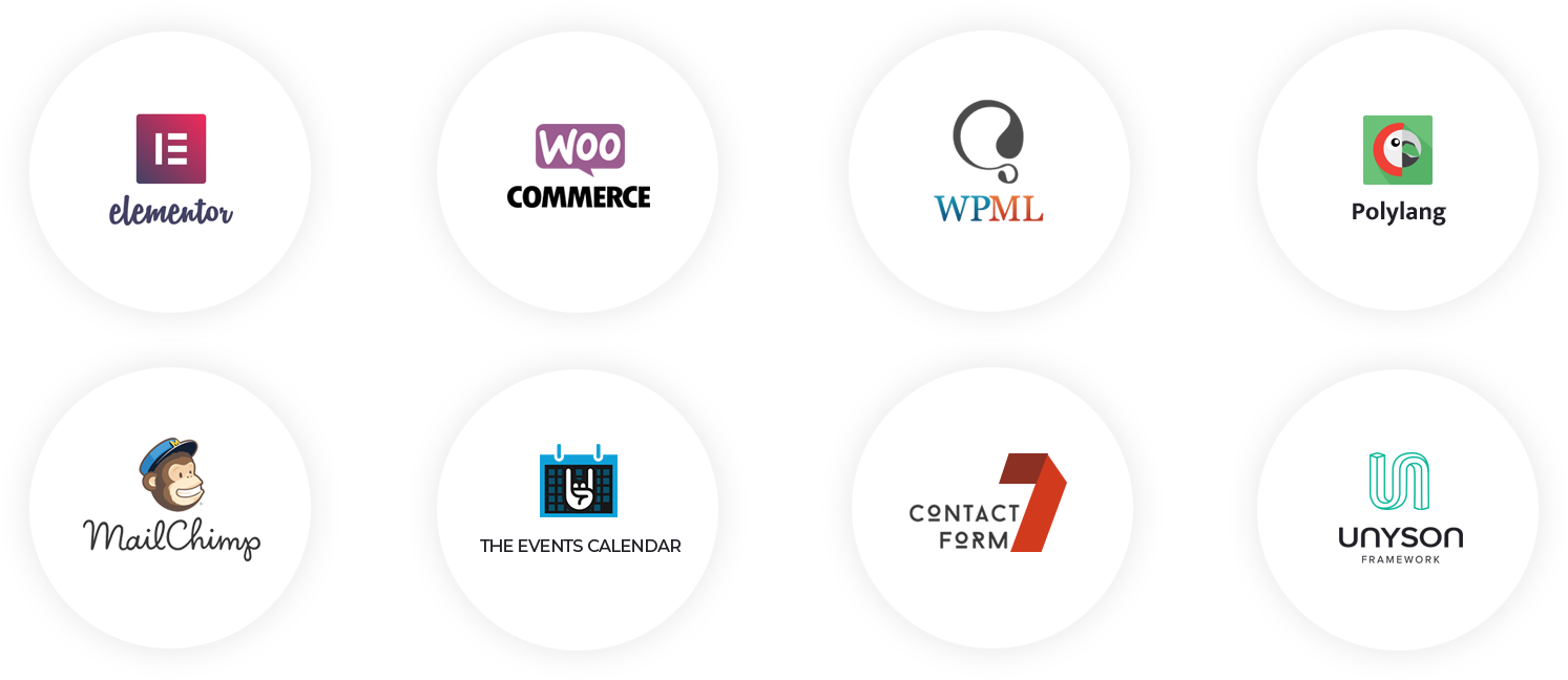 Four popular WordPress plugins logos displayed in circles.